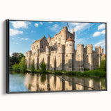 Framed canvas wall art showcasing a picturesque landscape with a majestic castle, set against a serene background; features a sleek black frame, perfect for home decor.
