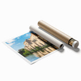 Rolled print showcasing a stunning landscape of a medieval castle surrounded by lush greenery, designed for wall art display. The vibrant colors and intricate details offer a captivating view, ideal for home decor enthusiasts. Perfect for adding a touch of elegance to any room.