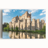 Stretched canvas wall art showcasing a picturesque landscape of a majestic castle surrounded by lush greenery, ideal for home decor and enhancing interior aesthetics. This vibrant piece brings a touch of elegance and charm, perfect for living rooms or office spaces.