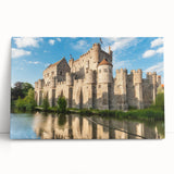 Stretched canvas wall art showcasing a vibrant landscape with a majestic castle surrounded by lush greenery, perfect for home decor and interior design enthusiasts.