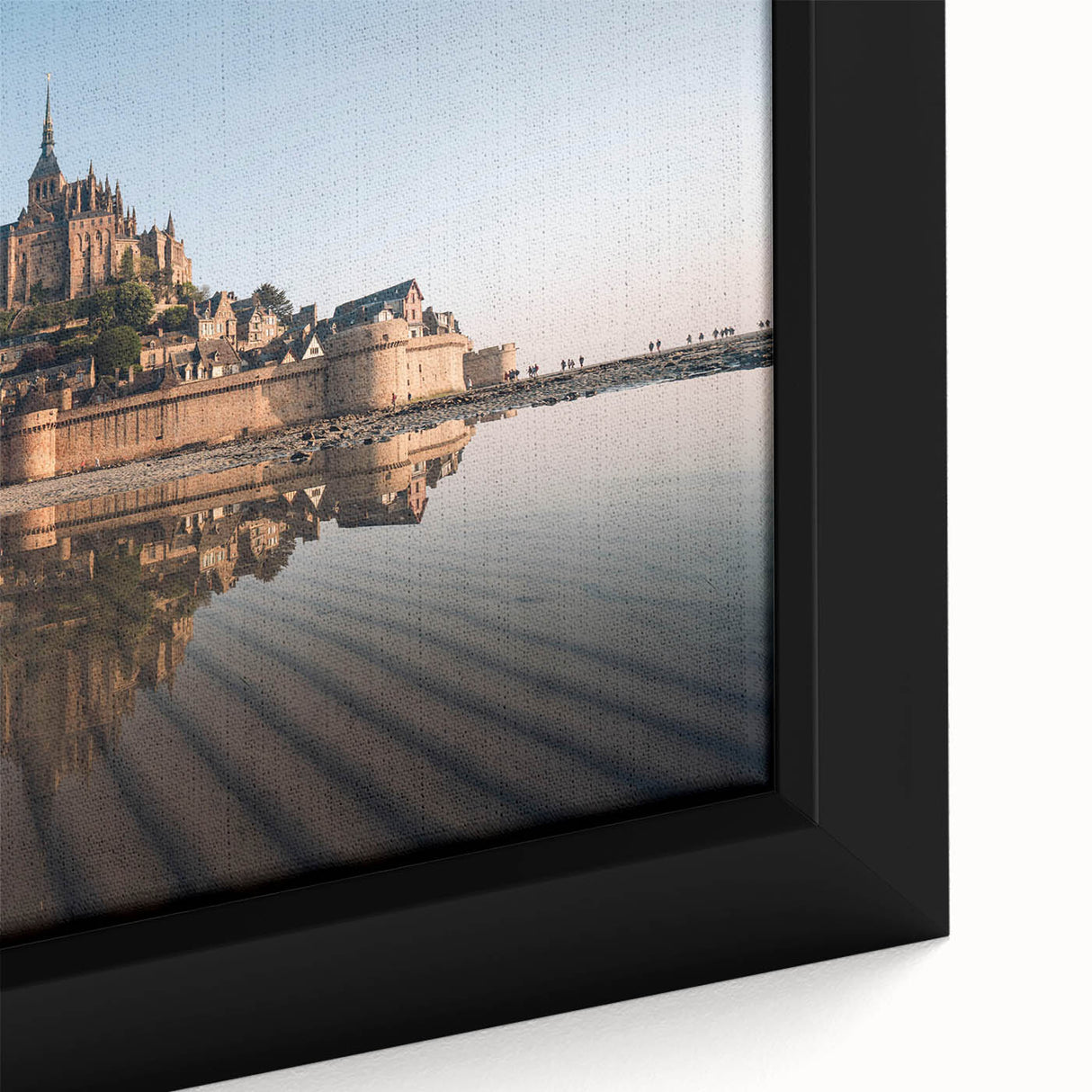 Framed canvas artwork showcasing a detailed landscape of a majestic castle, highlighting vibrant colors and intricate architectural features, ideal for home decor.