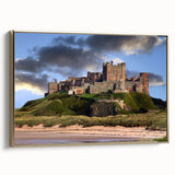 Framed canvas wall art showcasing a picturesque landscape with a grand castle, embellished in gold tones, perfect for elegant home decor.