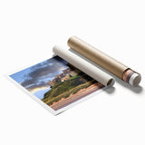 Stunning rolled wall art print showcasing a vibrant landscape featuring a majestic castle surrounded by lush greenery, perfect for home decor enthusiasts.
