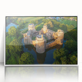 Framed acrylic wall art showcasing a stunning landscape of a castle, featuring vibrant colors and intricate details, set against a white backdrop for elegant home decor.