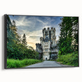 Framed canvas wall art featuring a picturesque landscape with a majestic castle, set against a serene background. The artwork has a sleek black frame, enhancing its elegance and charm, perfect for home decor enthusiasts.