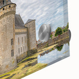 Close-up of a vibrant acrylic wall art design showcasing a detailed landscape with castles, featuring rich colors and textures, ideal for home decor.