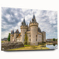 Acrylic glass wall art featuring a stunning castle landscape design, displayed from the side with decorative pins, perfect for enhancing modern home décor.