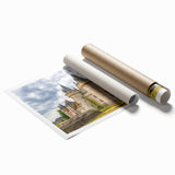 Landscape wall art collection featuring a picturesque castle scene with vibrant colors and intricate details, rolled and ready for framing, showcasing artistic design.