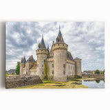 Stretched canvas wall art showcasing a vibrant landscape design featuring a majestic castle, set against a serene blue sky and lush greenery, perfect for home decor.