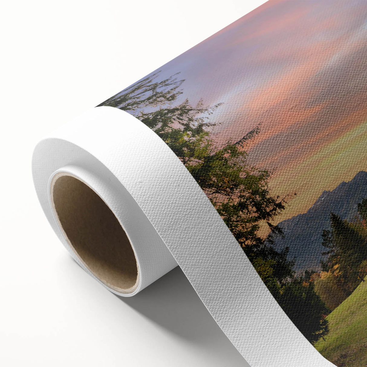 Rolled canvas artwork showcasing a stunning landscape featuring a majestic castle surrounded by lush greenery and vibrant blue skies, perfect for home decor.