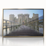 Framed wall art collection showcasing a stunning landscape of a castle, featuring vibrant colors and a gold-acrylic finish, perfect for home decor.