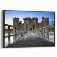 Framed canvas wall art collection showcasing a majestic castle landscape design, featuring intricate details and a sleek black frame, perfect for home decor enhancement.