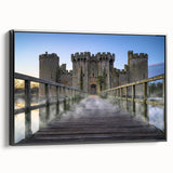 Framed canvas wall art collection showcasing a majestic castle landscape design, featuring intricate details and a sleek black frame, perfect for home decor enhancement.