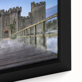 Framed canvas close-up showcasing a stunning landscape of a medieval castle, featuring rich colors and intricate details, perfect for home decor enthusiasts.