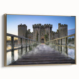 Framed canvas wall art showcasing a stunning landscape with a castle, featuring a gold frame and elegant design, perfect for enhancing home decor. The artwork captures the essence of tranquility and grandeur, making it an ideal centerpiece for living spaces.