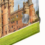 Close-up of a vibrant acrylic glass wall art piece showcasing a stunning castle landscape design, featuring rich colors and intricate details, perfect for home decor.