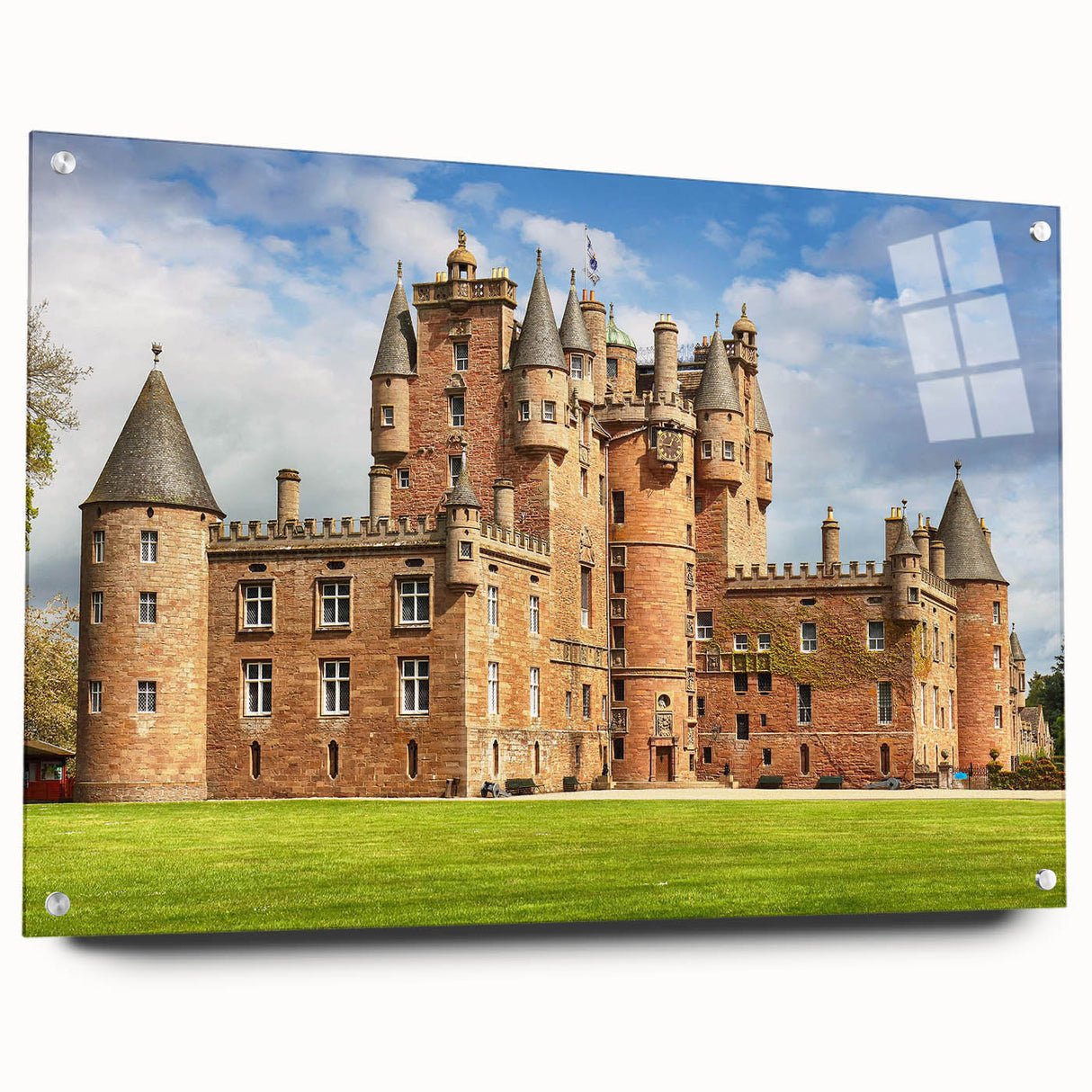 Acrylic glass wall art featuring a scenic landscape with an elegant castle, displayed in a side view with decorative pins, perfect for home decor.