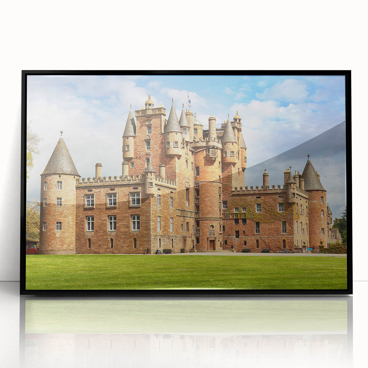Framed wall art collection showcasing a stunning landscape with castles, featuring a black frame and acrylic front view, perfect for home decor enhancement.