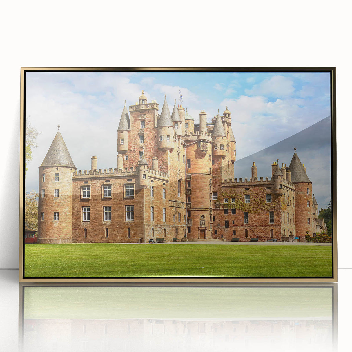 Framed wall art collection featuring a stunning landscape castle design with a gold acrylic front, ideal for enhancing home decor. Perfect for art enthusiasts.