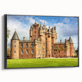 Framed canvas wall art showcasing a majestic castle landscape design, featuring vibrant colors and intricate details, perfect for home decor and interior styling.