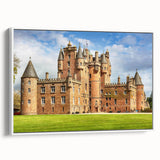 Framed canvas wall art showcasing a picturesque landscape with a majestic castle, presented in a white frame, ideal for enhancing home decor with elegance.