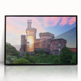 Framed acrylic wall art featuring a stunning castle landscape design, presented in a sleek black frame, ideal for enhancing home decor with a touch of elegance.