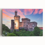 Stretched canvas artwork showcasing a vibrant landscape of a medieval castle, surrounded by lush greenery and a clear blue sky, perfect for home decor.