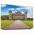 Acrylic glass wall art featuring a stunning landscape of a castle, showcasing vibrant colors and intricate details. Side view displays the elegant design with mounting pins for easy installation. Perfect for enhancing home decor.