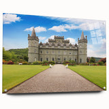 Acrylic glass wall art featuring a stunning landscape of a castle, showcasing vibrant colors and intricate details. Side view displays the elegant design with mounting pins for easy installation. Perfect for enhancing home decor.