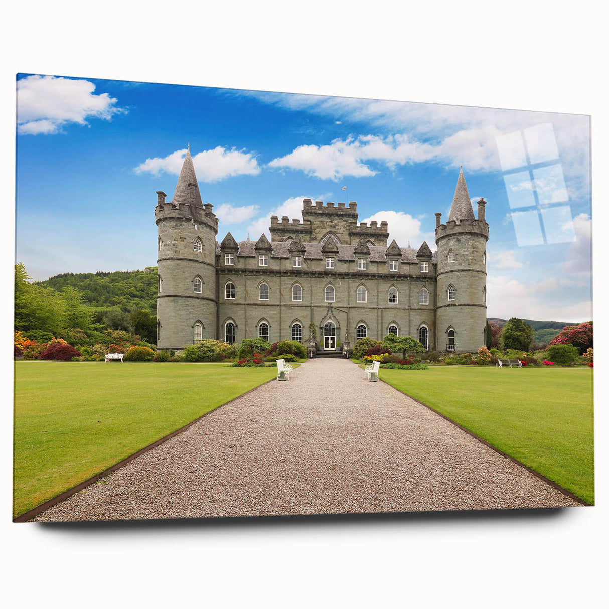 Acrylic glass wall art showcasing a stunning landscape of a castle, viewed from the side, highlighting intricate details and vibrant colors, ideal for home decor.