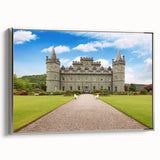 Framed canvas wall art showcasing a stunning landscape of a medieval castle, set against a serene backdrop, with a sleek silver frame enhancing its elegance. Perfect for home décor.