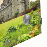Close-up of an elegant wall art piece showcasing a vibrant landscape with a castle design, printed on high-quality acrylic glass, perfect for home decor.