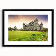 Framed black wall art showcasing a stunning landscape with a majestic castle, designed with a modern mat for an elegant presentation, perfect for enhancing home decor.