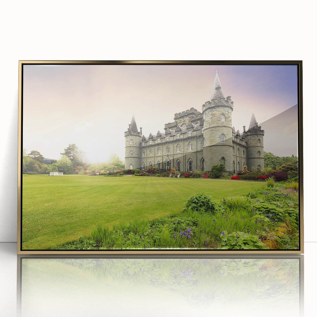 Framed wall art showcasing a stunning landscape with a majestic castle, featuring a gold-acrylic front, perfect for elegant home decor and interior design enhancement.