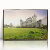 Framed wall art showcasing a stunning landscape with a majestic castle, featuring a gold-acrylic front, perfect for elegant home decor and interior design enhancement.
