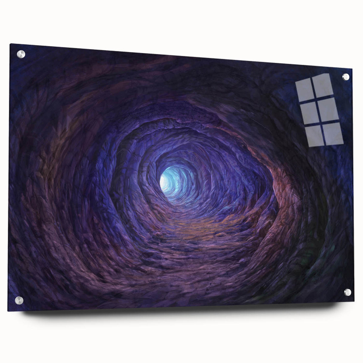Acrylic glass wall art collection showcasing a vibrant landscape and cave design, side view with decorative pins, perfect for modern home decor.