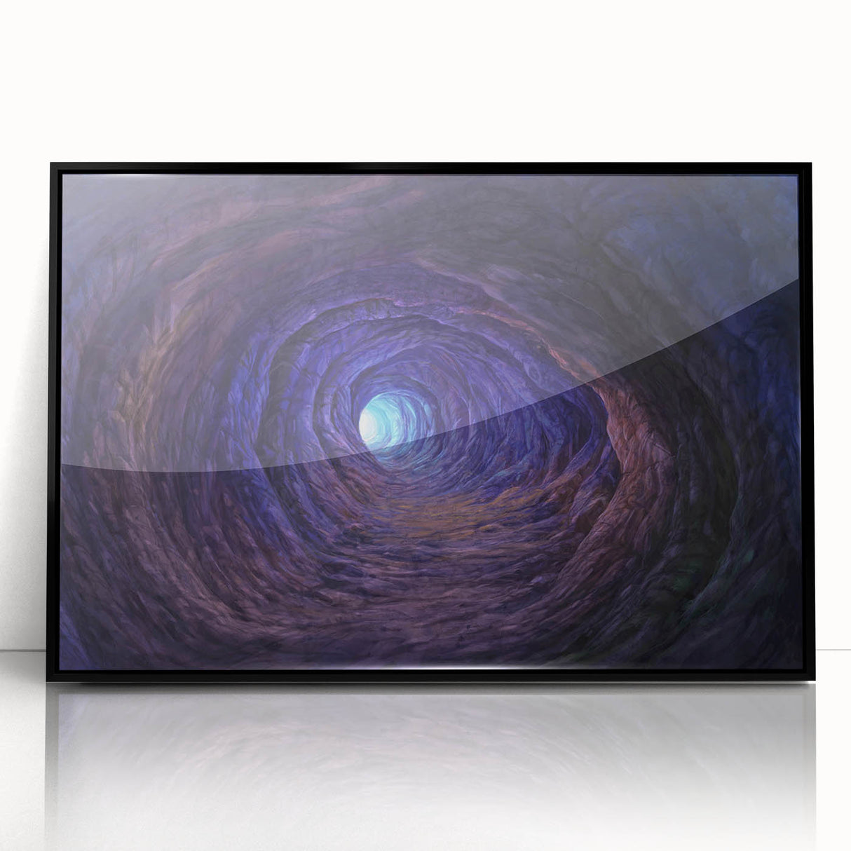 Framed acrylic wall art featuring a stunning landscape design with caves, presented in a sleek black frame, ideal for modern home decor and artistic interiors.
