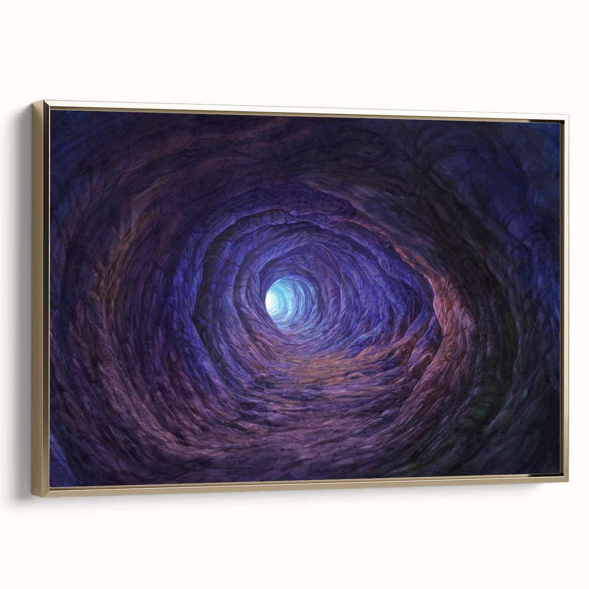 Framed canvas wall art showcasing a vibrant landscape design with intricate cave patterns, featuring a gold frame. Ideal for modern home decor.