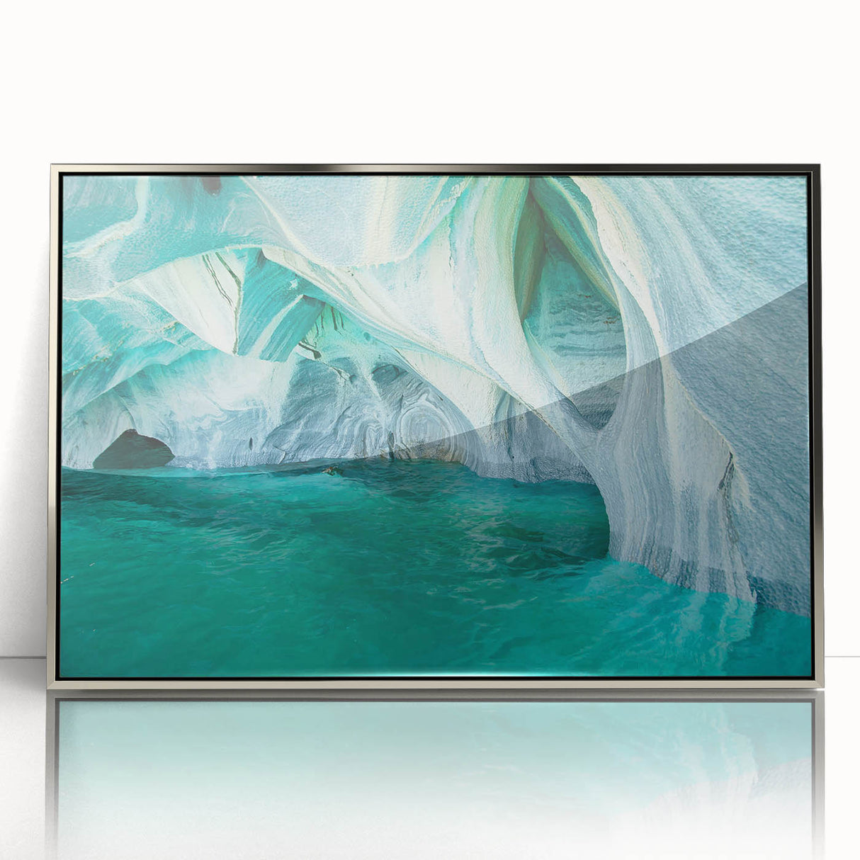 Framed wall art featuring a stunning landscape with caves, designed in a modern style, showcasing silver accents and a sleek front view. Perfect for enhancing home decor.