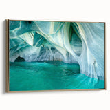 Framed canvas wall art featuring a stunning landscape design with intricate cave details, accented by a gold frame, ideal for modern home decor.