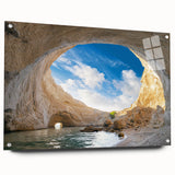 Acrylic landscape wall art design showcasing intricate cave formations in vibrant colors, presented in a sleek side view with decorative pins for modern decor.