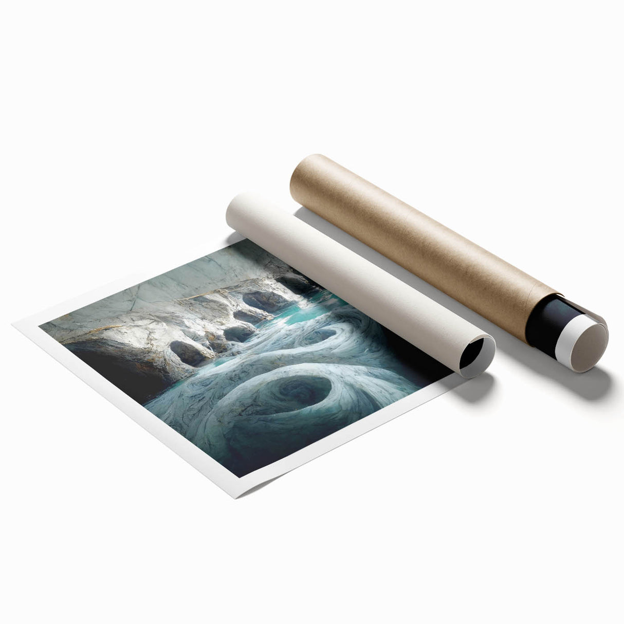 Rolled wall art print featuring a serene landscape with intricate cave designs, showcasing earthy tones and textures, perfect for home decor. Arrives securely packaged in a protective tube.