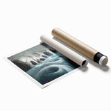Rolled wall art print featuring a serene landscape with intricate cave designs, showcasing earthy tones and textures, perfect for home decor. Arrives securely packaged in a protective tube.