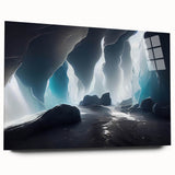 Acrylic glass wall art collection featuring a vibrant landscape and cave design, displayed from a side view, showcasing its sleek edges and colorful details. Ideal for modern decor.