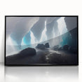 Framed wall art featuring a stunning landscape of caves with intricate designs, presented in a sleek black frame, ideal for modern home decor.