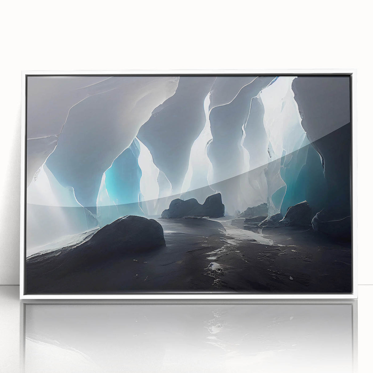 Framed acrylic wall art featuring a stunning landscape design with caves, showcasing vibrant colors and intricate details, perfect for home decor enhancement.