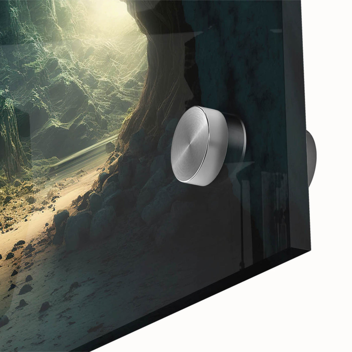 Close-up of a vibrant acrylic glass wall art piece showcasing a stunning cave landscape design, perfect for modern home decor. The artwork features rich colors and intricate details that enhance any room's ambiance.