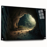 Side view of a modern acrylic glass wall art piece featuring a vibrant landscape and cave design, displayed with decorative pins against a minimalist backdrop. This artwork adds a contemporary touch to home decor, ideal for art enthusiasts and interior design lovers.