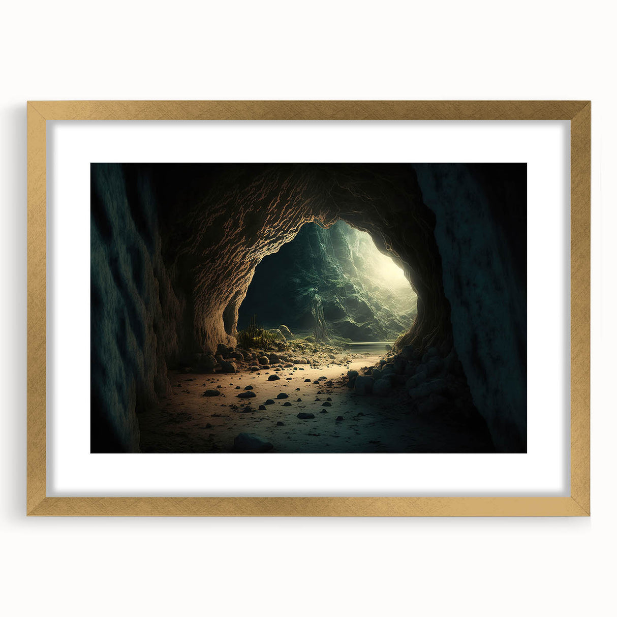 Framed wall art featuring a stunning cave landscape design with a gold mat, showcasing intricate details and vibrant colors, perfect for enhancing home decor.