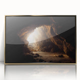 Framed wall art showcasing a captivating cave landscape design, featuring gold accents and a sleek acrylic front, ideal for modern home decor.